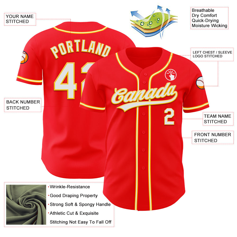 Custom Fire Red White-Yellow Authentic Baseball Jersey - Sky-Custom
