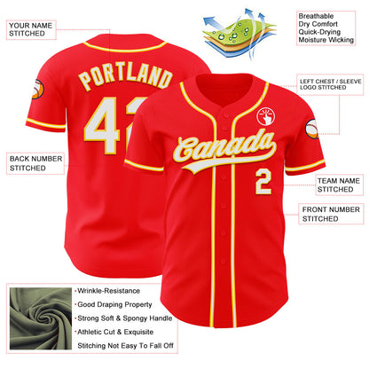 Custom Fire Red White-Yellow Authentic Baseball Jersey - Sky-Custom