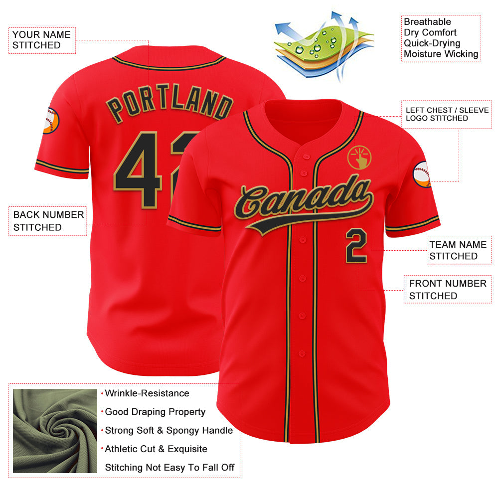 Custom Fire Red Black-Old Gold Authentic Baseball Jersey - Sky-Custom