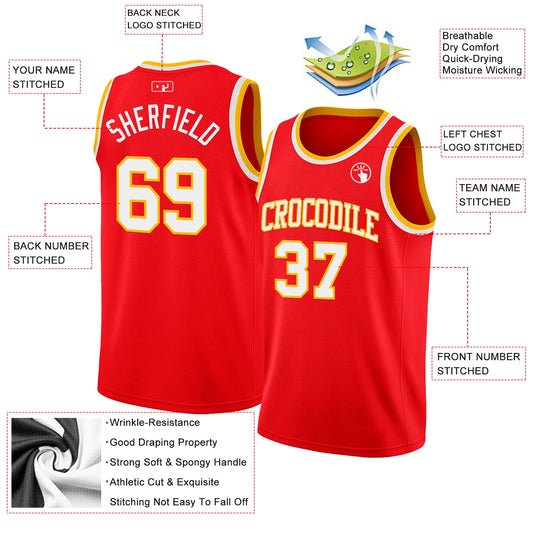 Custom Fire Red White-Gold Authentic Basketball Jersey - Sky-Custom