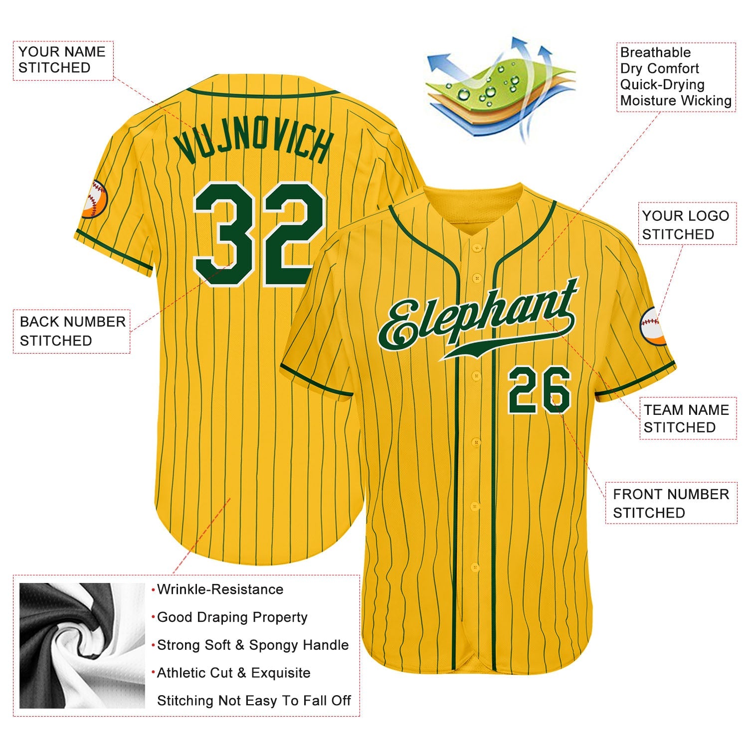 Custom Yellow Green Pinstripe Green-White Authentic Baseball Jersey - Sky-Custom