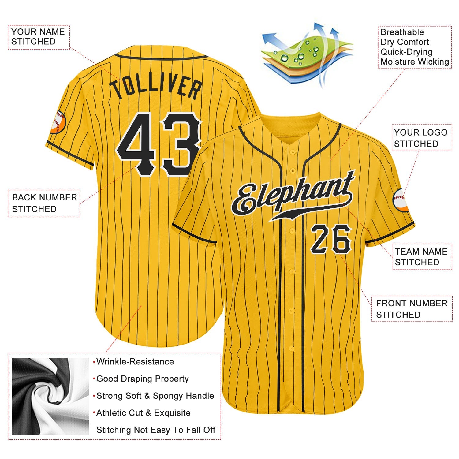 Custom Yellow Black Pinstripe Black-White Authentic Baseball Jersey - Sky-Custom