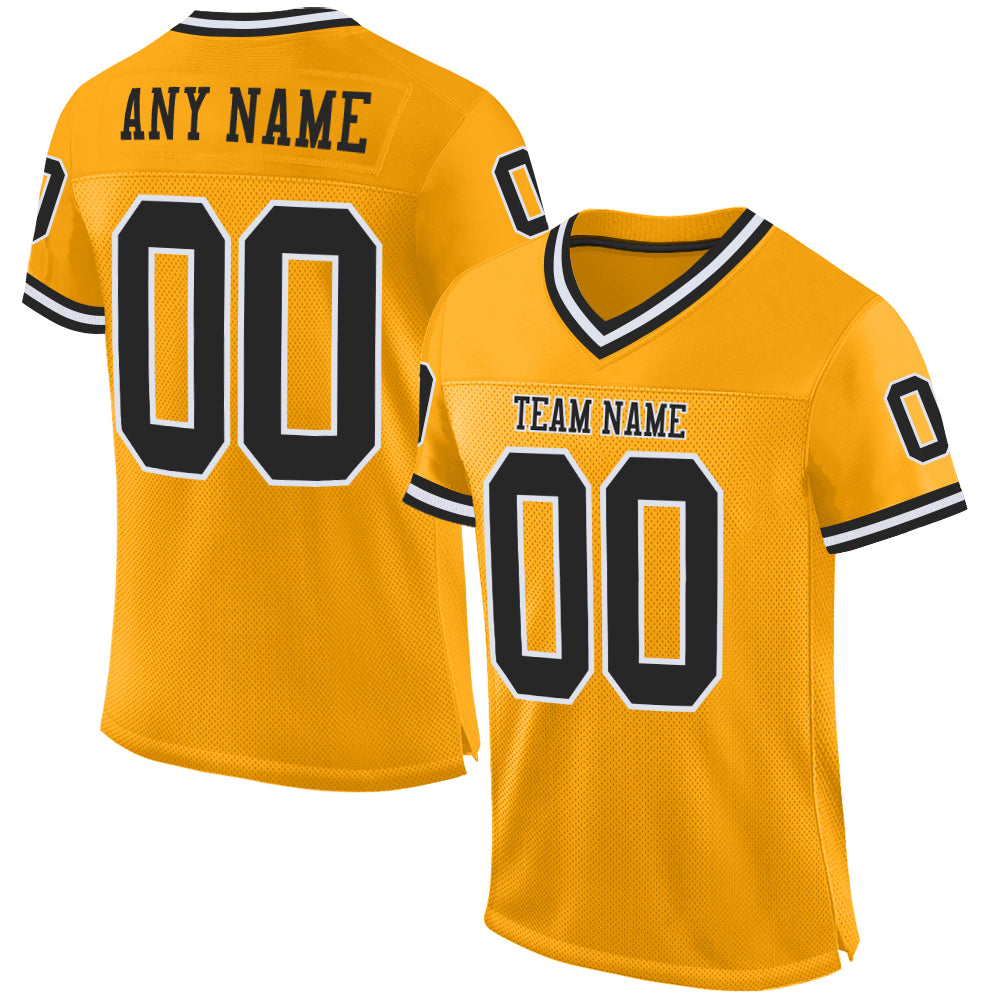Custom Gold Black-White Mesh Authentic Throwback Football Jersey - Sky-Custom