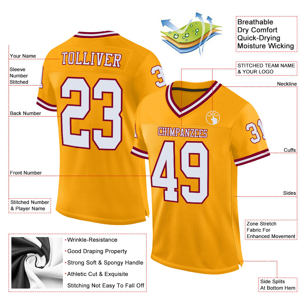 Custom Gold White-Maroon Mesh Authentic Throwback Football Jersey - Sky-Custom