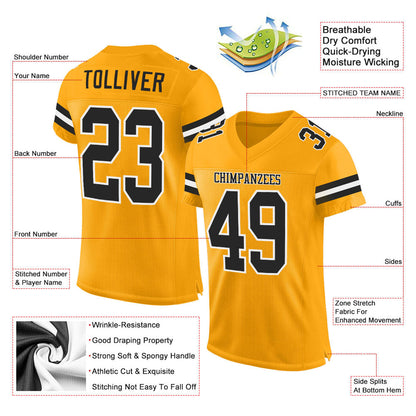 Custom Gold Black-White Mesh Authentic Football Jersey - Sky-Custom