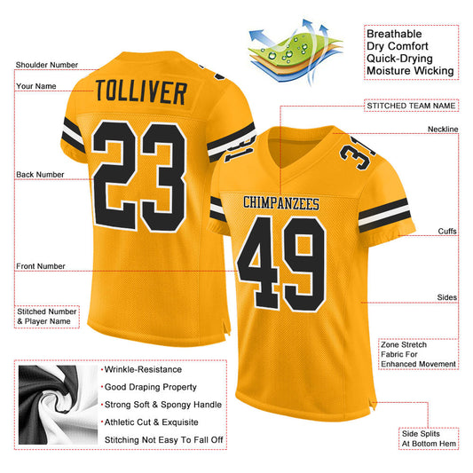 Custom Gold Black-White Mesh Authentic Football Jersey - Sky-Custom