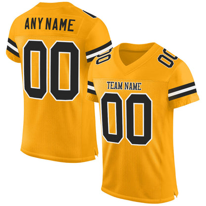 Custom Gold Black-White Mesh Authentic Football Jersey - Sky-Custom