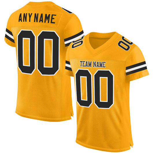 Custom Gold Black-White Mesh Authentic Football Jersey - Sky-Custom