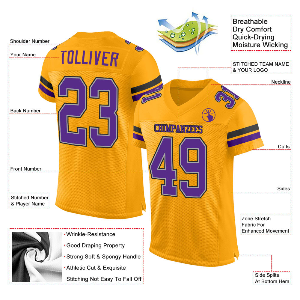 Custom Gold Purple-Black Mesh Authentic Football Jersey - Sky-Custom