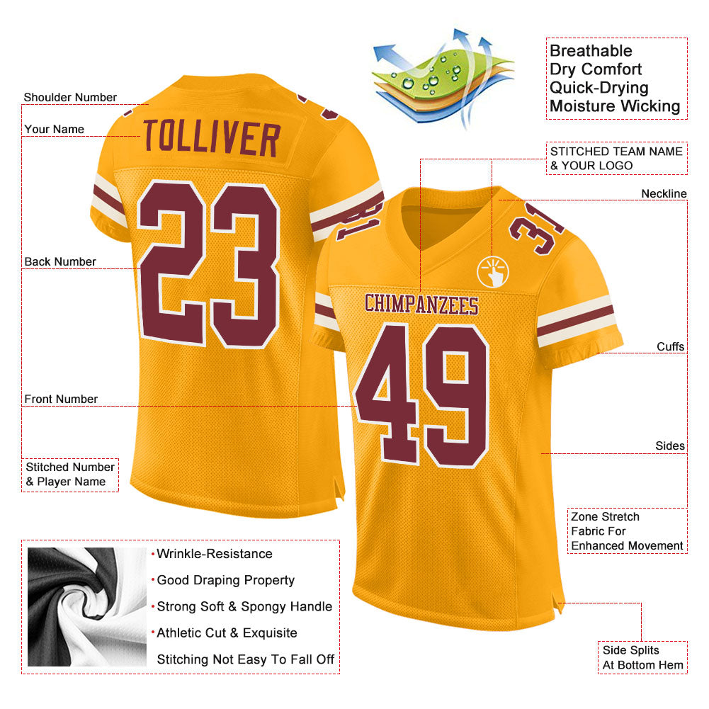 Custom Gold Burgundy-White Mesh Authentic Football Jersey - Sky-Custom