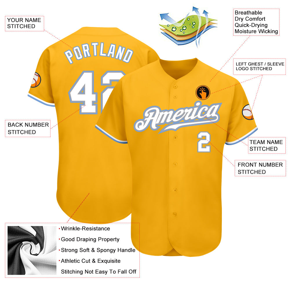Custom Gold White-Light Blue Authentic Baseball Jersey - Sky-Custom