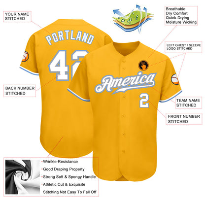 Custom Gold White-Light Blue Authentic Baseball Jersey - Sky-Custom