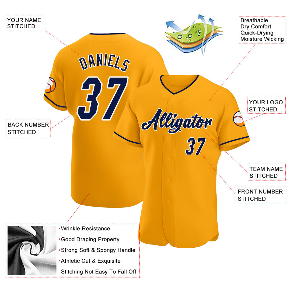 Custom Gold Navy-White Authentic Baseball Jersey - Sky-Custom