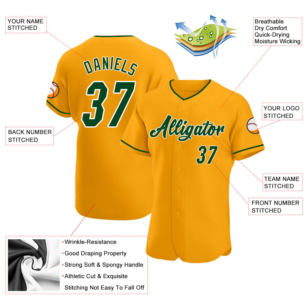 Custom Gold Green-White Authentic Baseball Jersey - Sky-Custom