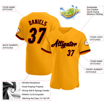 Custom Gold Black-Red Authentic Baseball Jersey - Sky-Custom