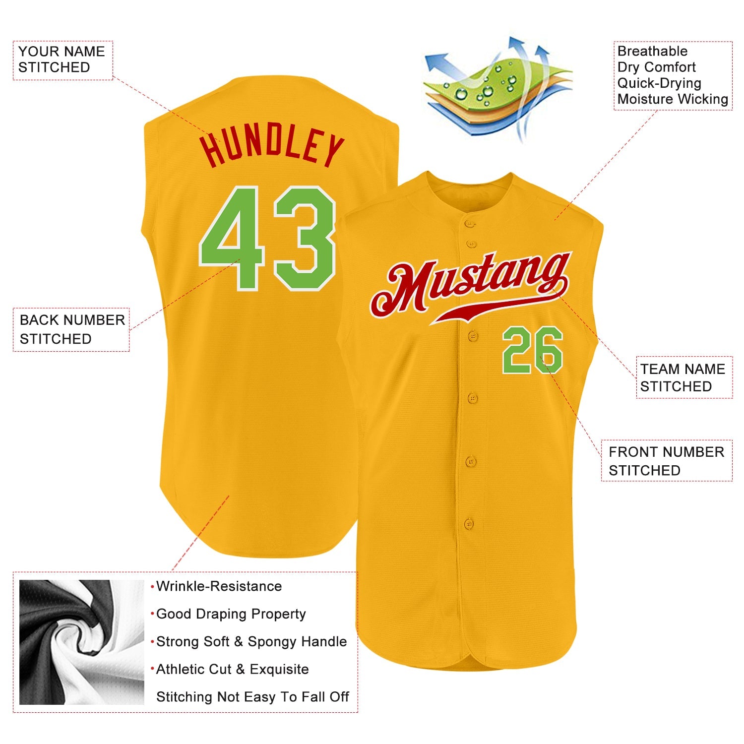 Custom Gold Neon Green-Red Authentic Sleeveless Baseball Jersey - Sky-Custom