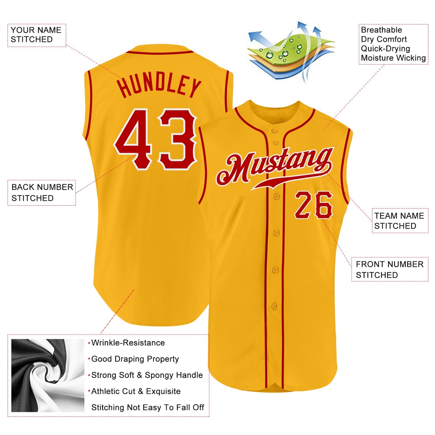 Custom Gold Red-White Authentic Sleeveless Baseball Jersey - Sky-Custom