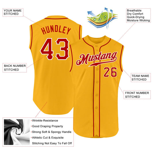 Custom Gold Red-White Authentic Sleeveless Baseball Jersey - Sky-Custom