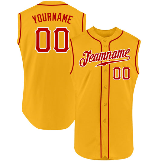 Custom Gold Red-White Authentic Sleeveless Baseball Jersey - Sky-Custom