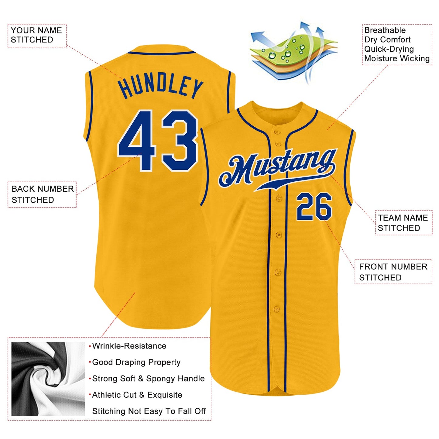 Custom Gold Royal-White Authentic Sleeveless Baseball Jersey - Sky-Custom