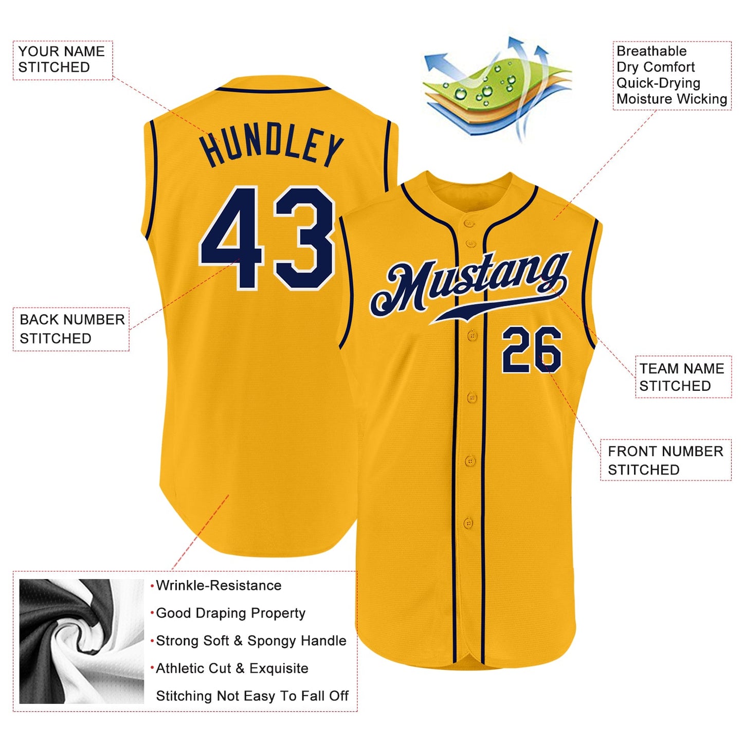 Custom Gold Navy-White Authentic Sleeveless Baseball Jersey - Sky-Custom