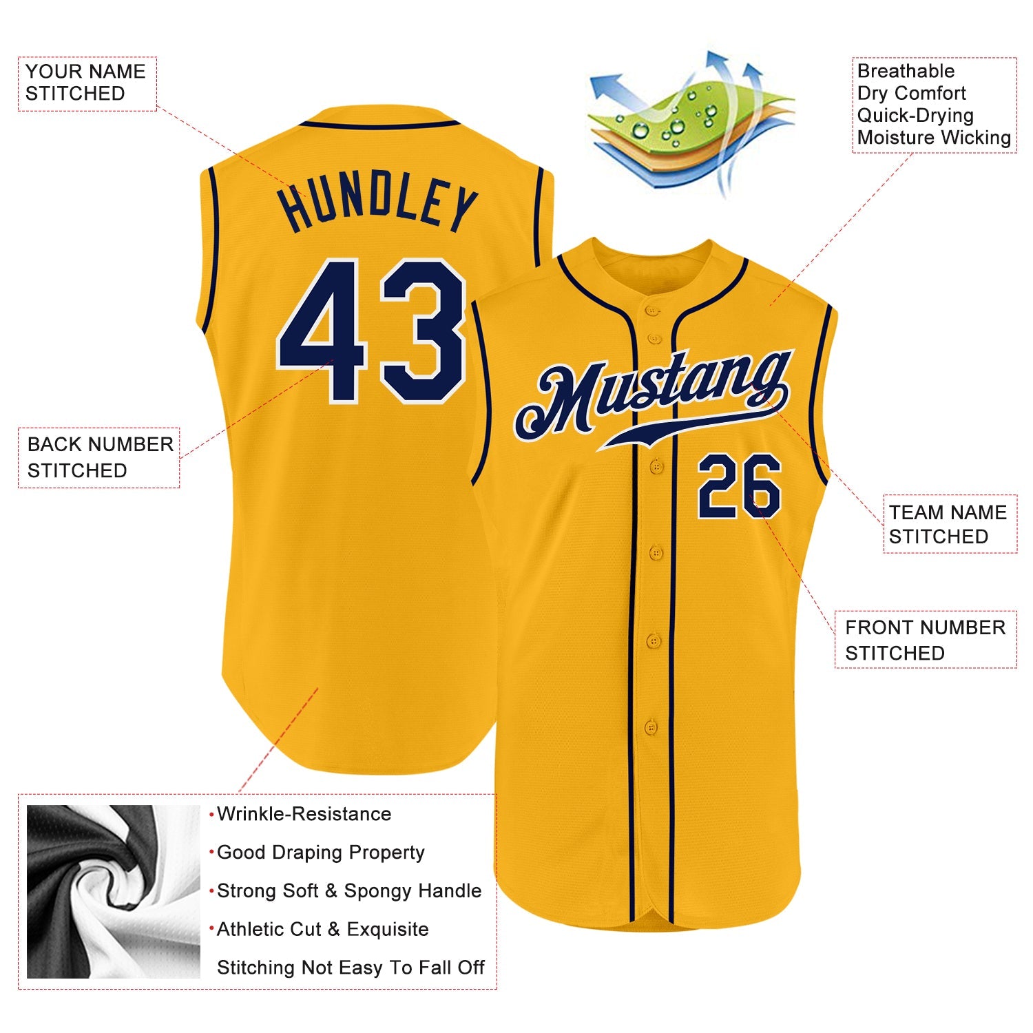 Custom Gold Navy-White Authentic Sleeveless Baseball Jersey - Sky-Custom