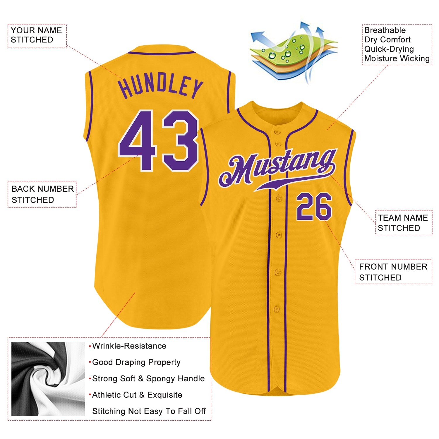 Custom Gold Purple-White Authentic Sleeveless Baseball Jersey - Sky-Custom