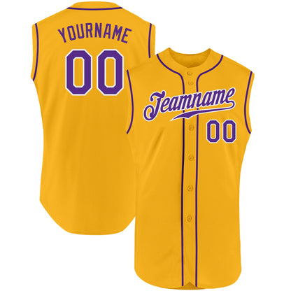 Custom Gold Purple-White Authentic Sleeveless Baseball Jersey - Sky-Custom