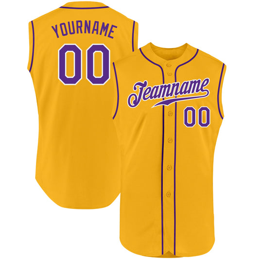 Custom Gold Purple-White Authentic Sleeveless Baseball Jersey - Sky-Custom