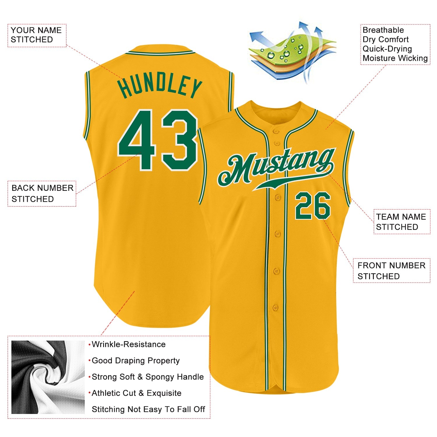Custom Gold Kelly Green-White Authentic Sleeveless Baseball Jersey - Sky-Custom