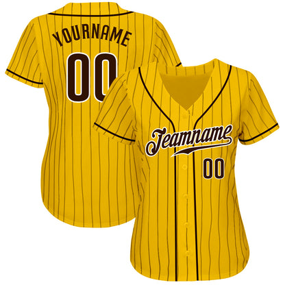 Custom Yellow Brown Pinstripe Brown-White Authentic Baseball Jersey - Sky-Custom