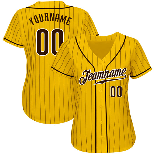 Custom Yellow Brown Pinstripe Brown-White Authentic Baseball Jersey - Sky-Custom