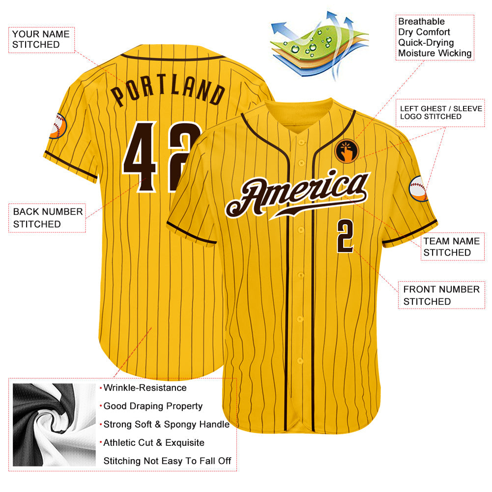 Custom Yellow Brown Pinstripe Brown-White Authentic Baseball Jersey - Sky-Custom
