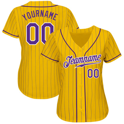 Custom Yellow Purple Pinstripe Purple-White Authentic Baseball Jersey - Sky-Custom