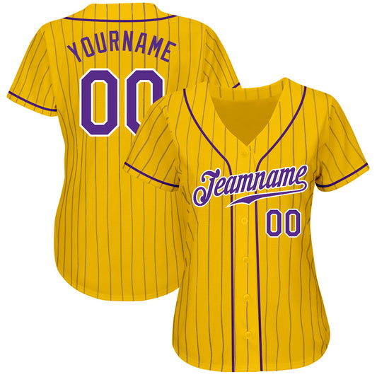 Custom Yellow Purple Pinstripe Purple-White Authentic Baseball Jersey - Sky-Custom