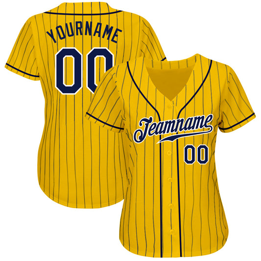 Custom Yellow Navy Pinstripe Navy-White Authentic Baseball Jersey - Sky-Custom