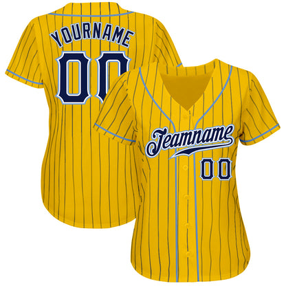 Custom Yellow Navy Pinstripe Navy-Light Blue Authentic Baseball Jersey - Sky-Custom