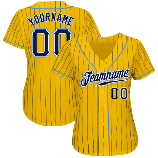Custom Yellow Navy Pinstripe Navy-Light Blue Authentic Baseball Jersey - Sky-Custom