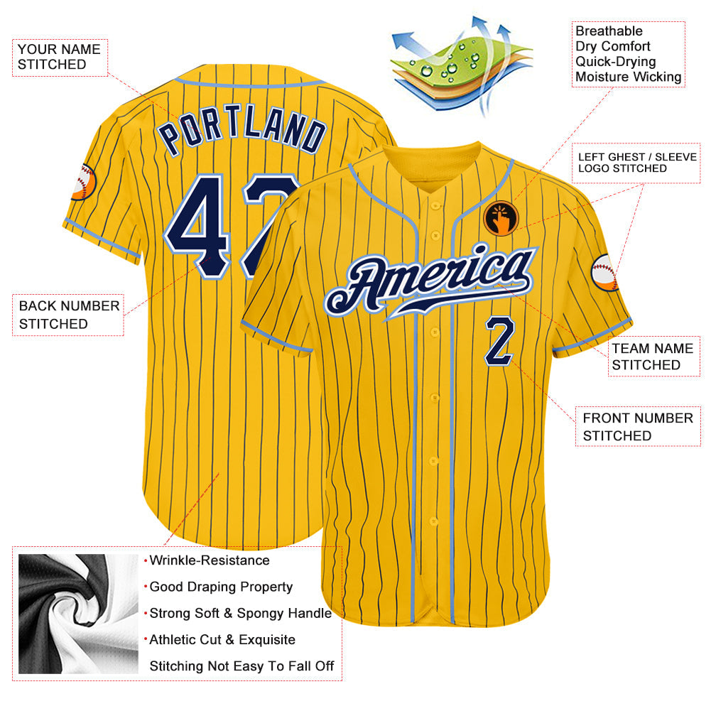 Custom Yellow Navy Pinstripe Navy-Light Blue Authentic Baseball Jersey - Sky-Custom