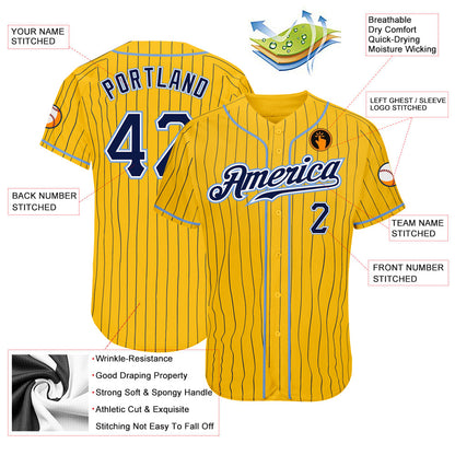 Custom Yellow Navy Pinstripe Navy-Light Blue Authentic Baseball Jersey - Sky-Custom