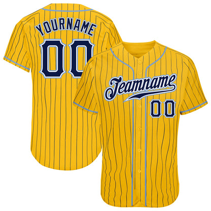 Custom Yellow Navy Pinstripe Navy-Light Blue Authentic Baseball Jersey - Sky-Custom