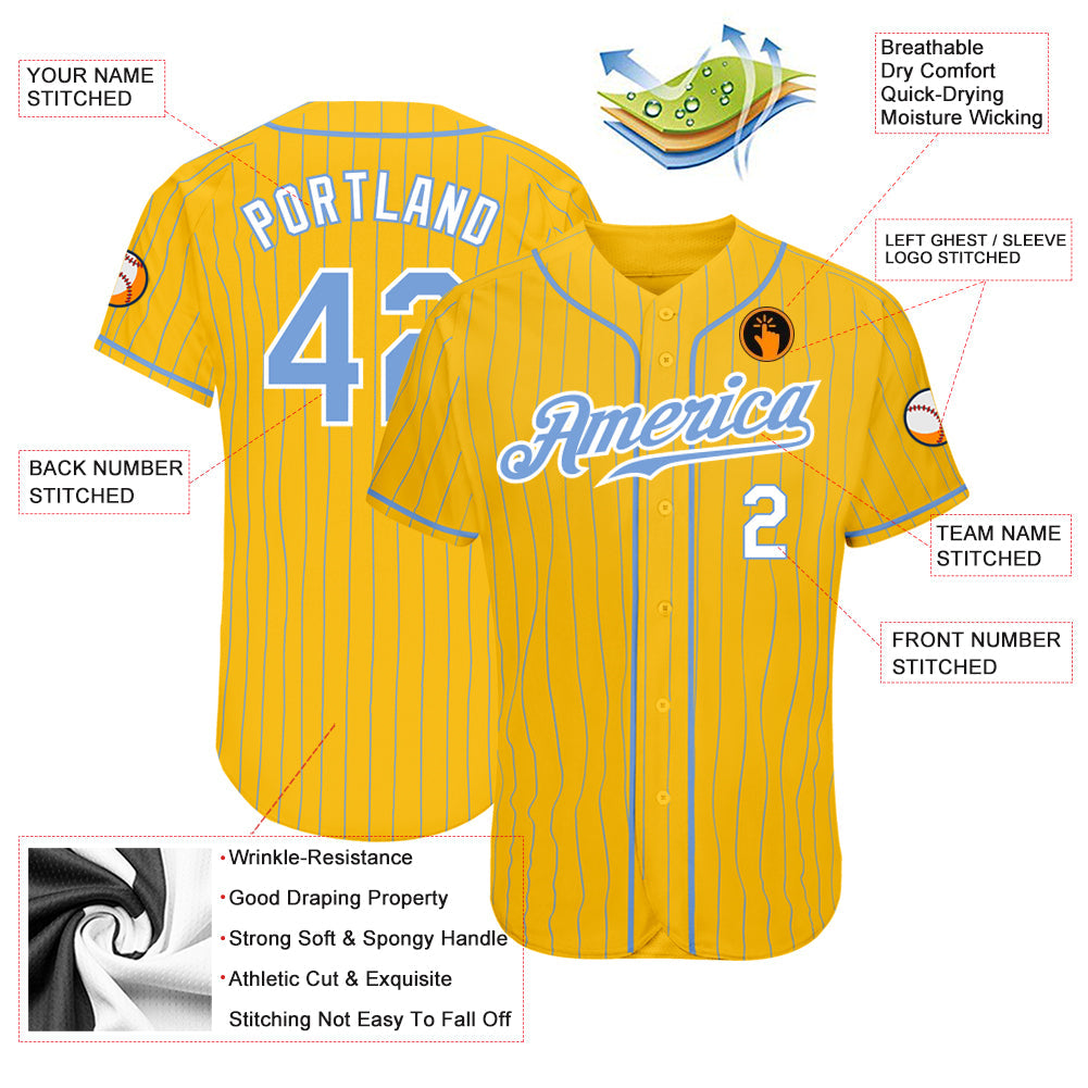 Custom Yellow Light Blue Pinstripe Light Blue-White Authentic Baseball Jersey - Sky-Custom