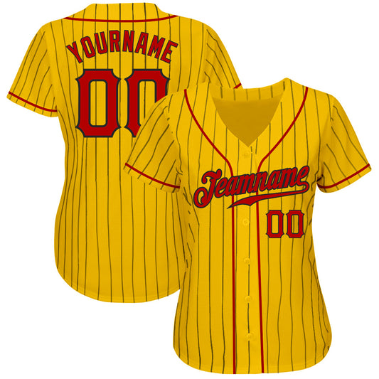 Custom Yellow Black Pinstripe Red-Black Authentic Baseball Jersey - Sky-Custom