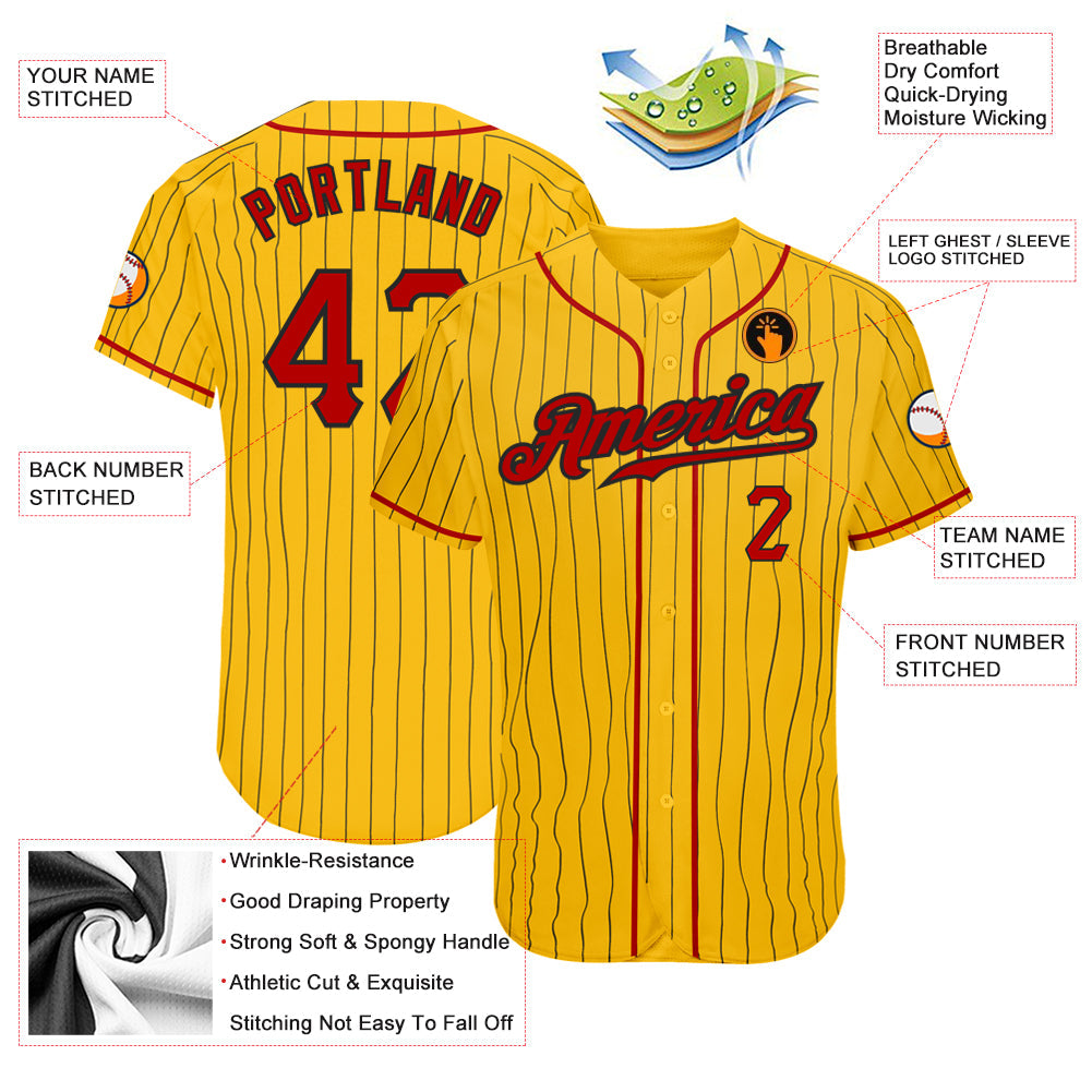 Custom Yellow Black Pinstripe Red-Black Authentic Baseball Jersey - Sky-Custom