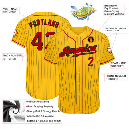 Custom Yellow Black Pinstripe Red-Black Authentic Baseball Jersey - Sky-Custom