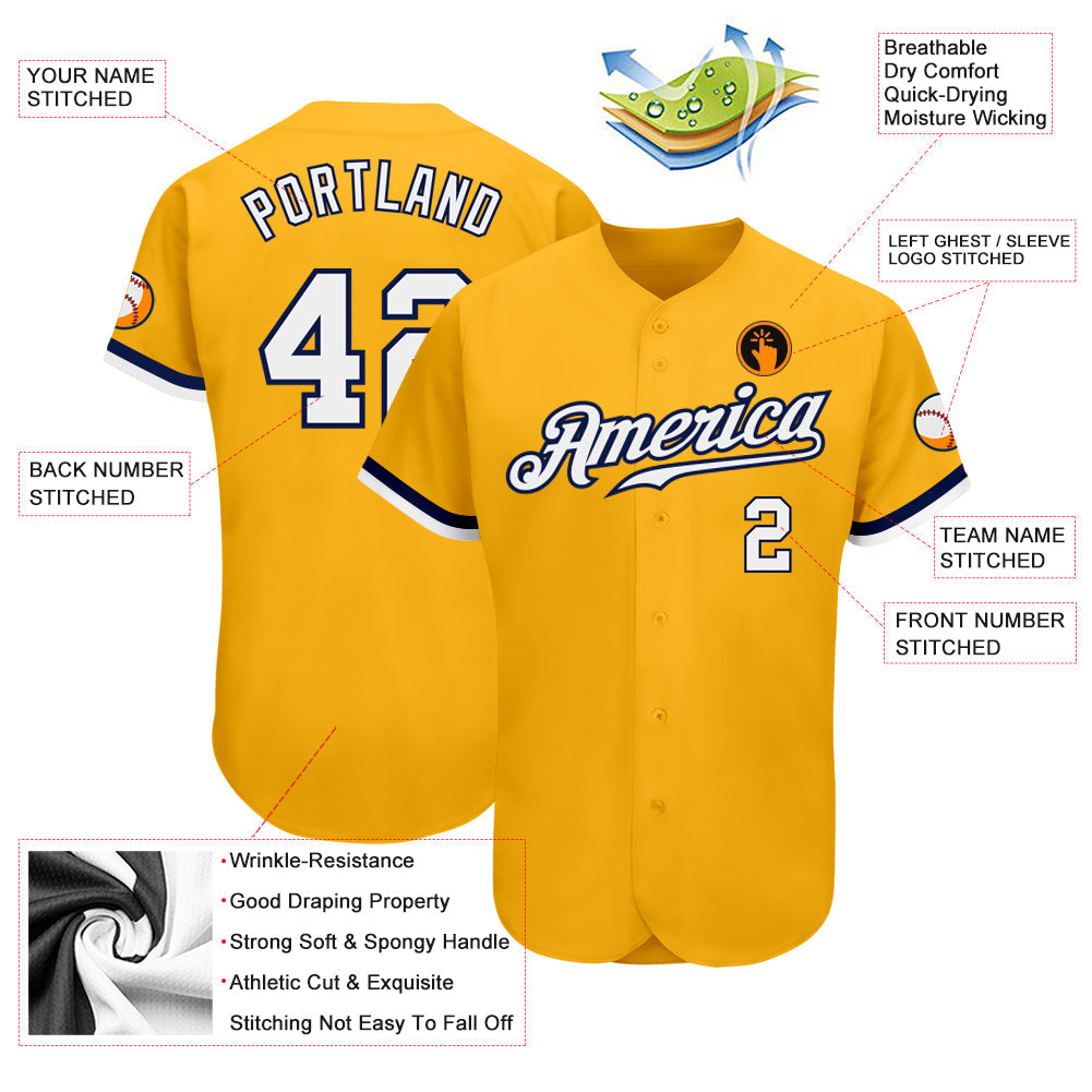 Custom Gold White-Navy Authentic Baseball Jersey - Sky-Custom