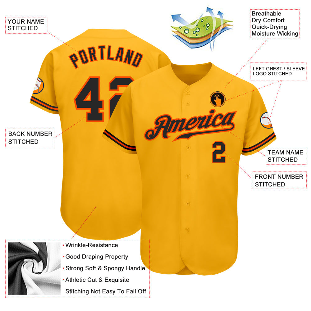 Custom Gold Black-Orange Authentic Baseball Jersey - Sky-Custom