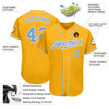 Custom Gold Light Blue-White Authentic Baseball Jersey - Sky-Custom