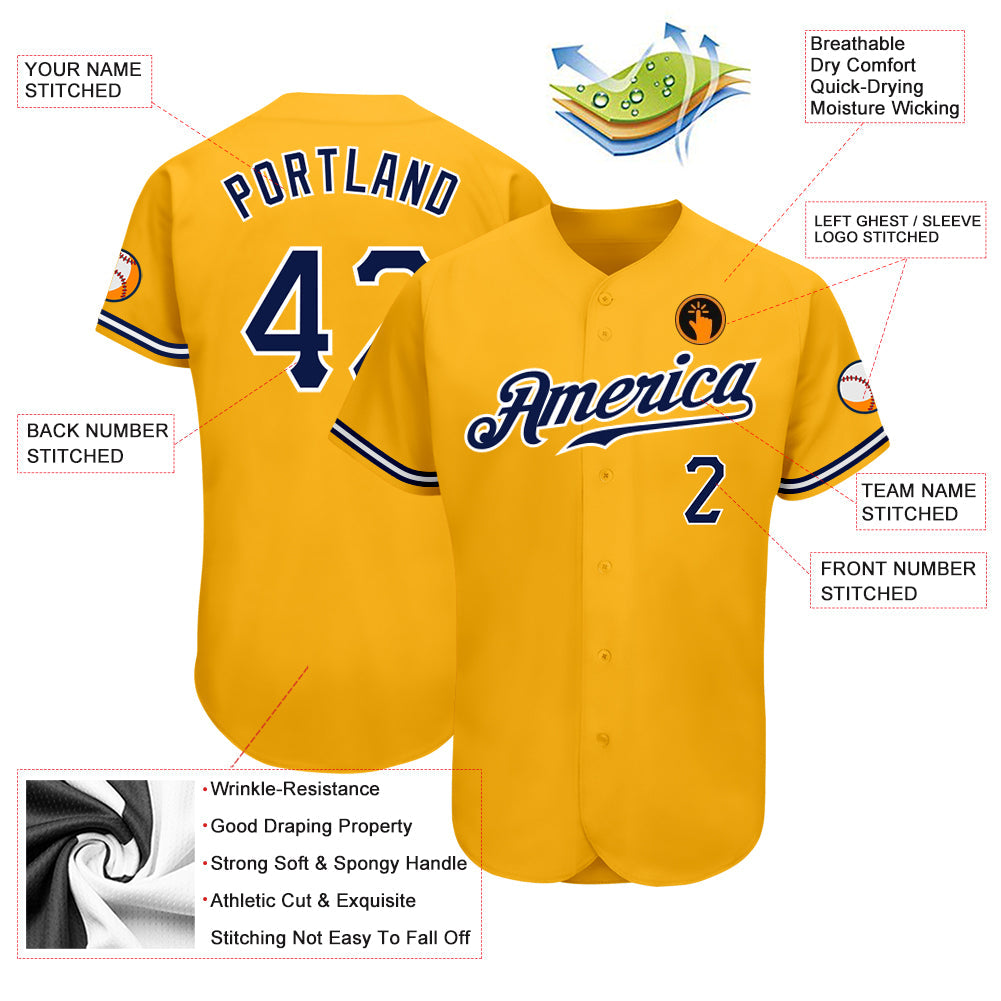 Custom Gold Navy-White Authentic Baseball Jersey - Sky-Custom
