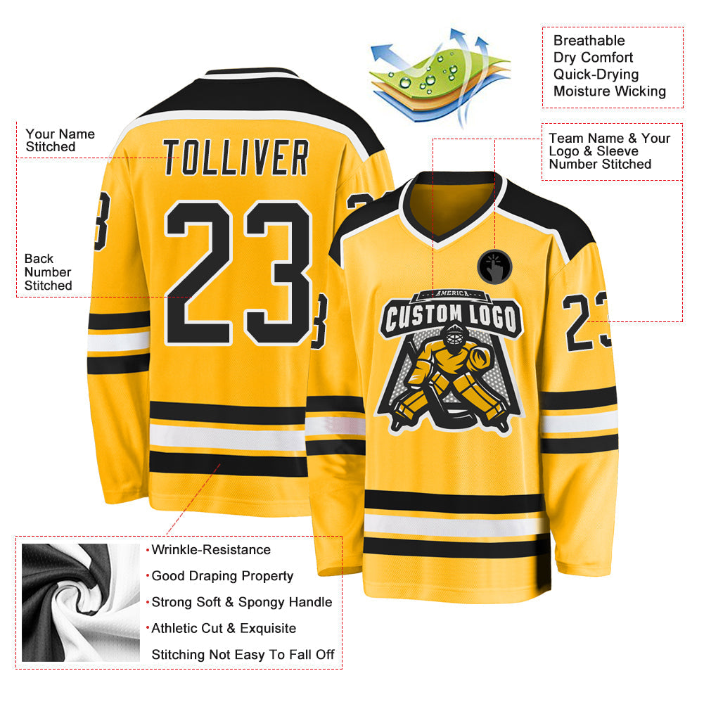 Custom Gold Black-White Hockey Jersey - Sky-Custom